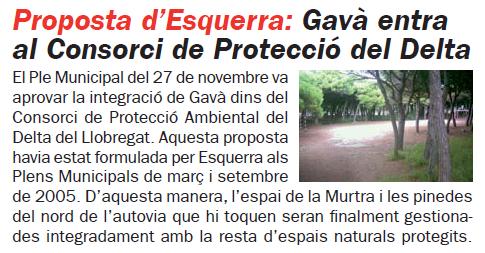 Notícia publicada al número 76 de la publicació L'Eramprunyà sobre l'entrada de l'Ajuntament de Gavà en el Consorci de Protecció Ambiental del Delta del Llobregat (desembre 2009)
